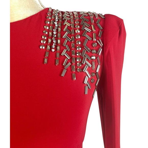 Ieena for Mac Duggal Red Formal Maxi Dress Size 4 Crystal Details Prom Wedding - Picture 4 of 13
